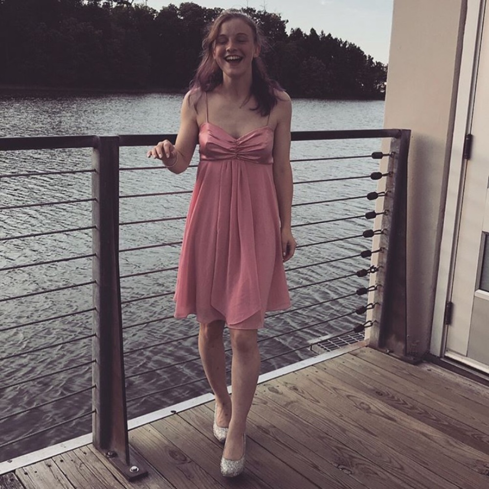 Flowy pink satin short homecoming or prom dress💕